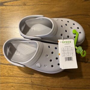 Unisex Crocs clogs new with tags grey with white and purple stripe